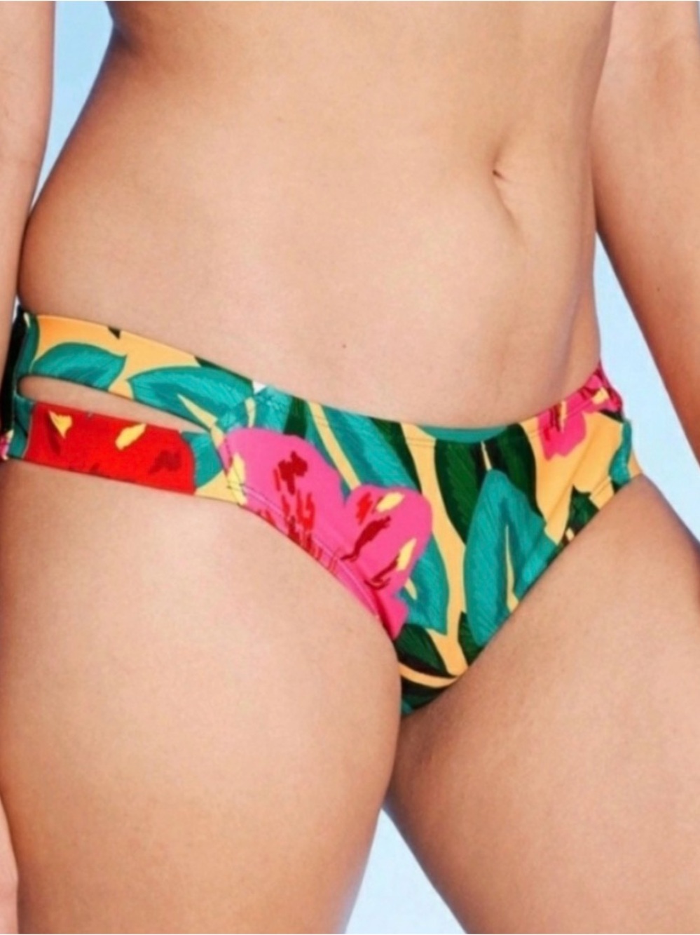 Kona Sol Yellow Floral Bikini Bottoms with Pink & Green Accents, NWOT